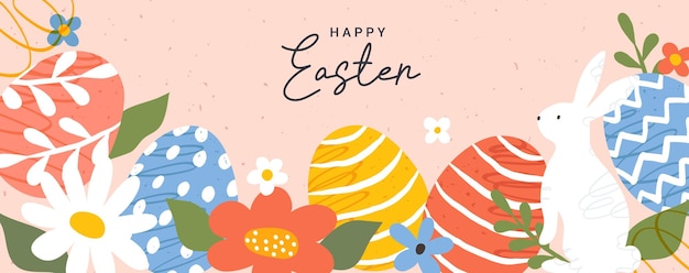 Feliz pancarta de Pascua Diseño moderno de Pascua de moda con huevos dibujados a mano Flores de primavera conejo