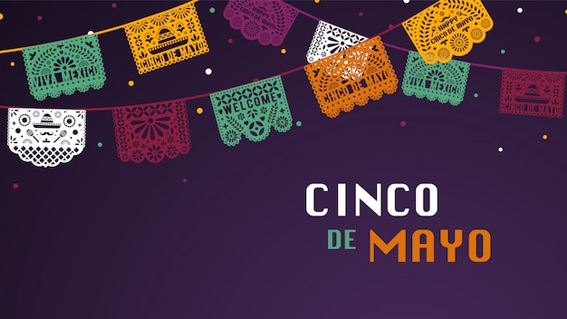 Feliz pancarta de saludo del cinco de mayo con guirnaldas de papel picado.