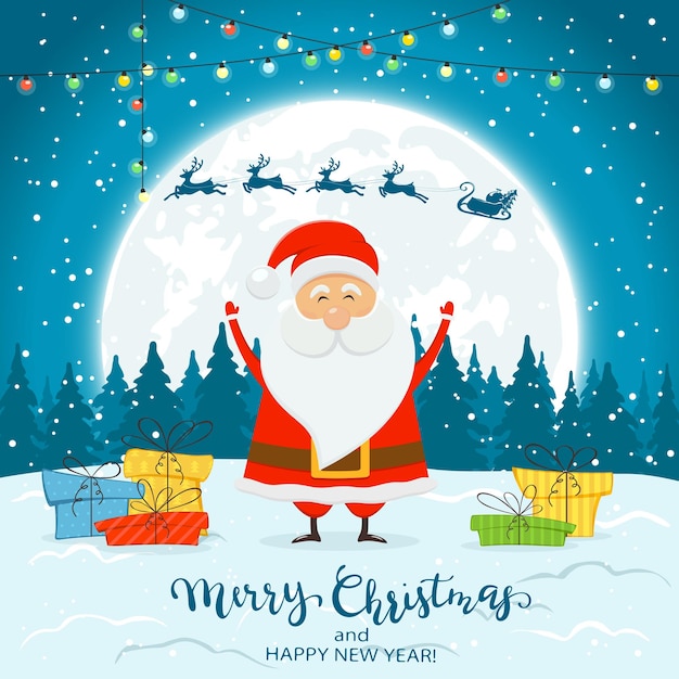 Feliz Papá Noel con coloridas luces de Navidad y regalos en la nieve. Ciervos y texto feliz Navidad y próspero año nuevo sobre fondo de invierno, ilustración.