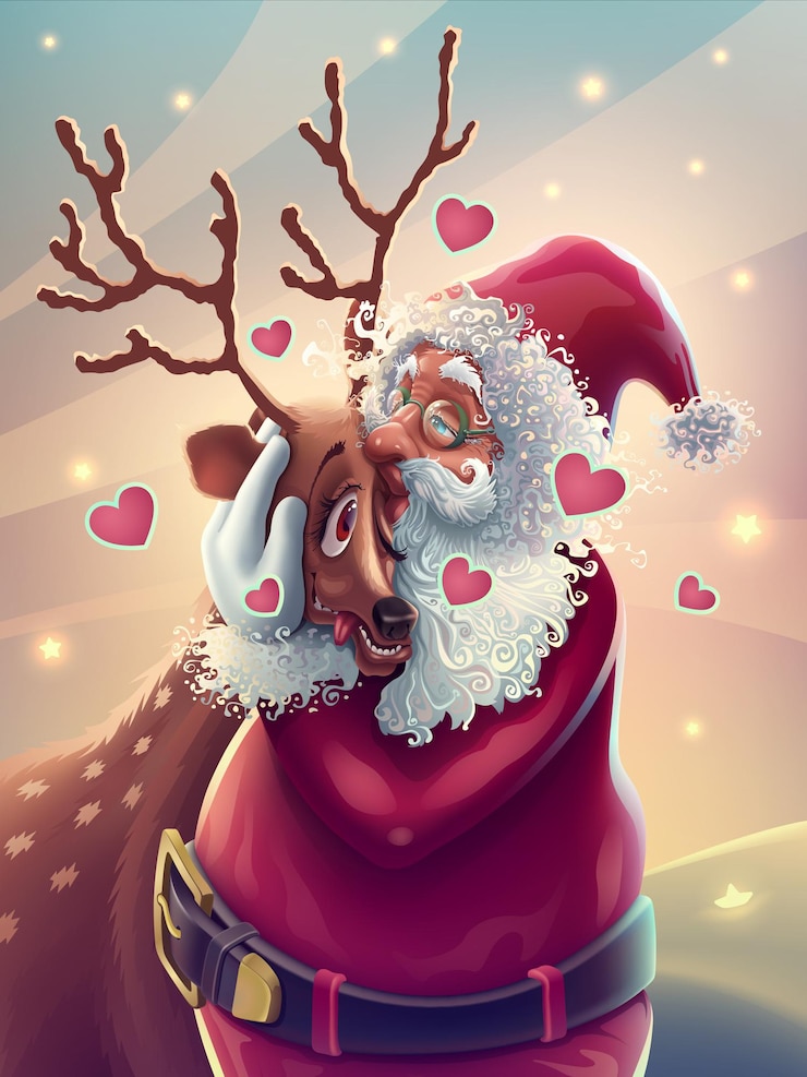 Vector feliz papá noel con la ilustración de renos favorita para la tarjeta de vacaciones de invierno de navidad o el diseño de carteles de felicitación de feliz año nuevo