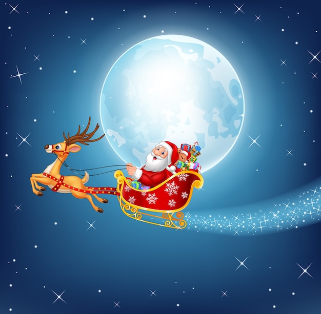 Feliz Papá Noel en su trineo de Navidad siendo tirado por renos
