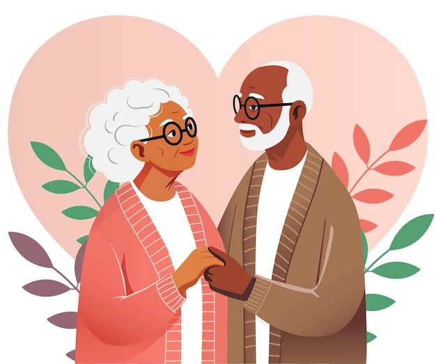 Una feliz pareja de ancianos afroamericanos se miran el uno al otro con amor un hombre anciano y una mujer anciana buena familia ilustración vectorial dibujada a mano