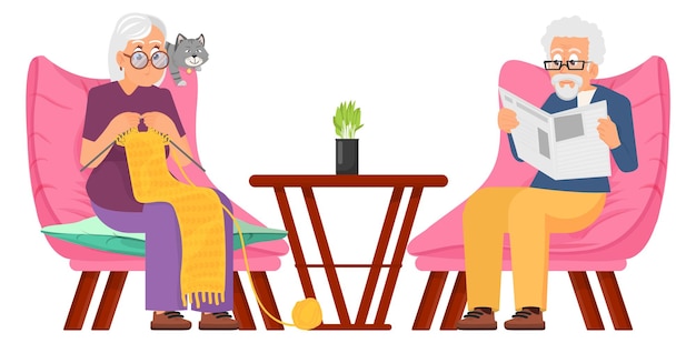 Feliz pareja de ancianos pasando tiempo juntos Mujer tejiendo y hombre leyendo
