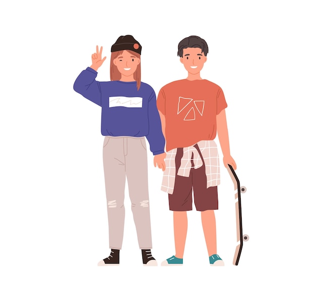 Feliz pareja de chicos y chicas adolescentes. Retrato de adolescentes de moda. Pares sonrientes modernos que se unen. Ilustración de vector plano coloreado de jóvenes amigos aislados sobre fondo blanco.