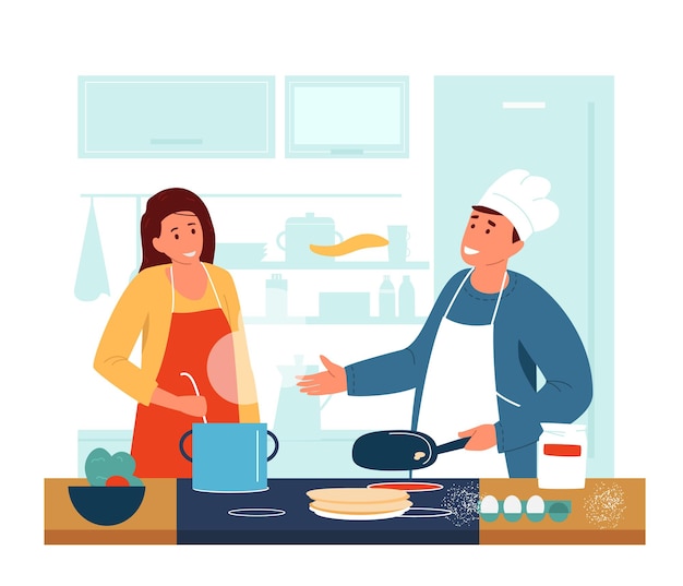 Feliz pareja cocinando juntos en la cocina.