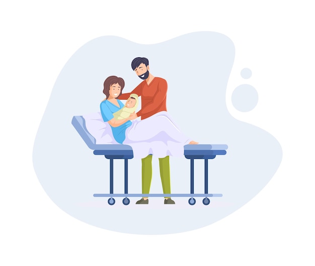 Feliz pareja hombre mujer con recién nacido en la cama del hospital Padre feliz conoce a madre con bebé recién nacido