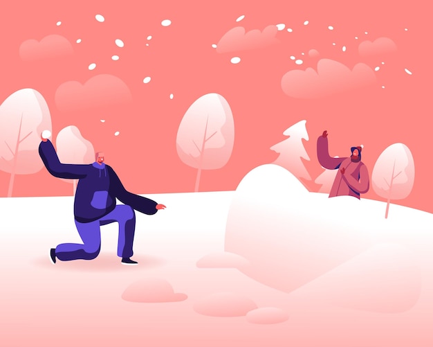 Feliz pareja joven jugando bolas de nieve lucha sobre fondo de paisaje nevado de invierno al aire libre. ilustración plana de dibujos animados