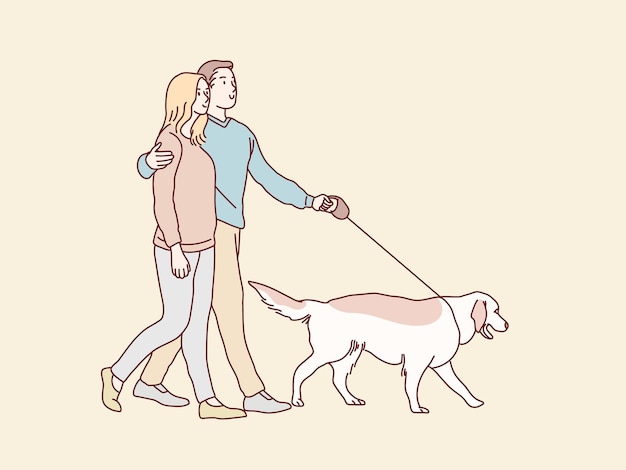 Feliz pareja joven paseando a su perro ilustración de estilo coreano simple