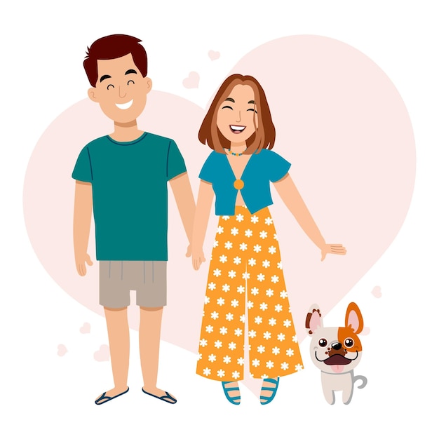 Feliz pareja joven con un perro. el concepto de felicidad familiar. ilustración, vector