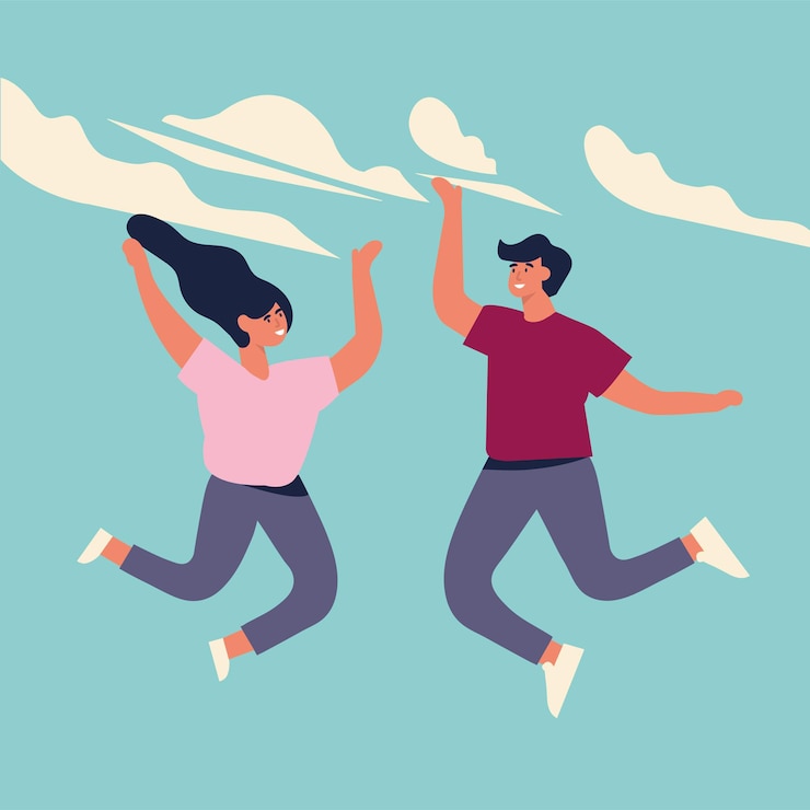 Feliz pareja de jóvenes están saltando. Los jóvenes están celebrando juntos. Ilustración vectorial en un estilo plano