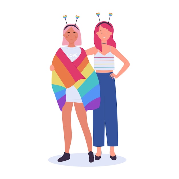 Feliz pareja lgbt con bandera del arco iris de apoyo