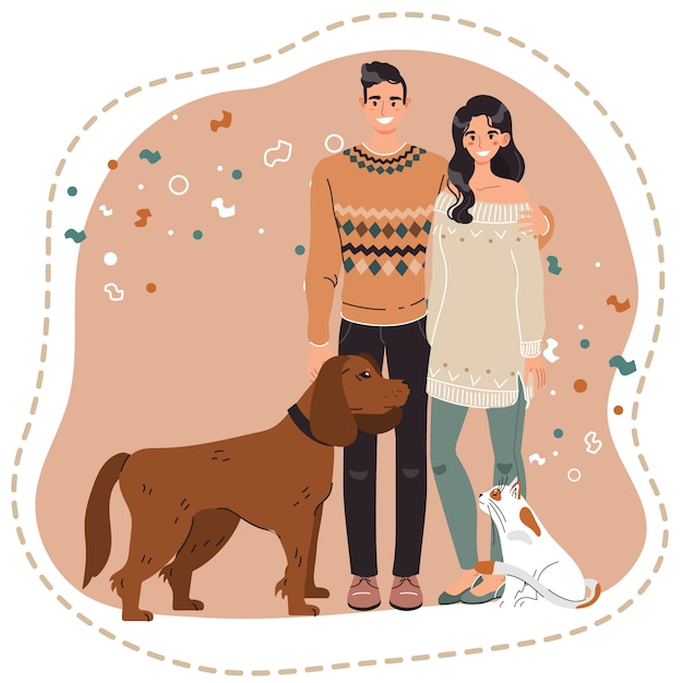 Feliz pareja con mascotas, dueños de perros y gatos, ilustración vectorial