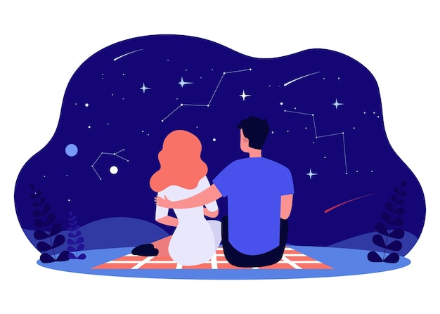 Vector feliz pareja mirando el cielo nocturno estrellado, vista posterior. ilustración de vector plano. cita romántica, picnic, hombre y mujer admirando la hermosa vista de las estrellas fugaces. romance, fecha, amor, concepto de espacio.