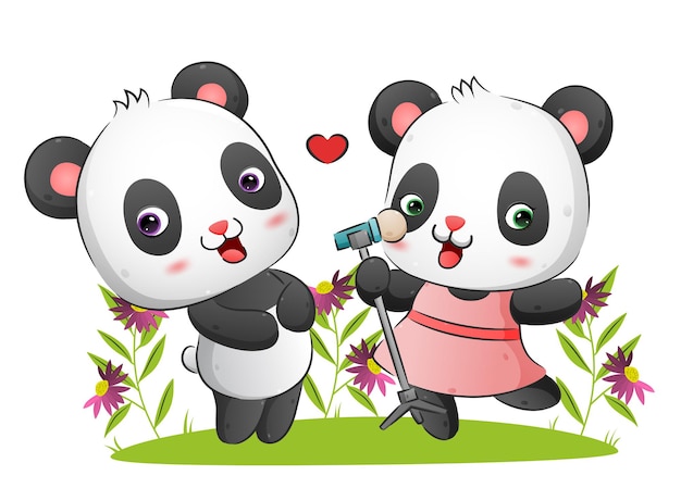 La feliz pareja de panda está cantando y bailando juntos ilustración