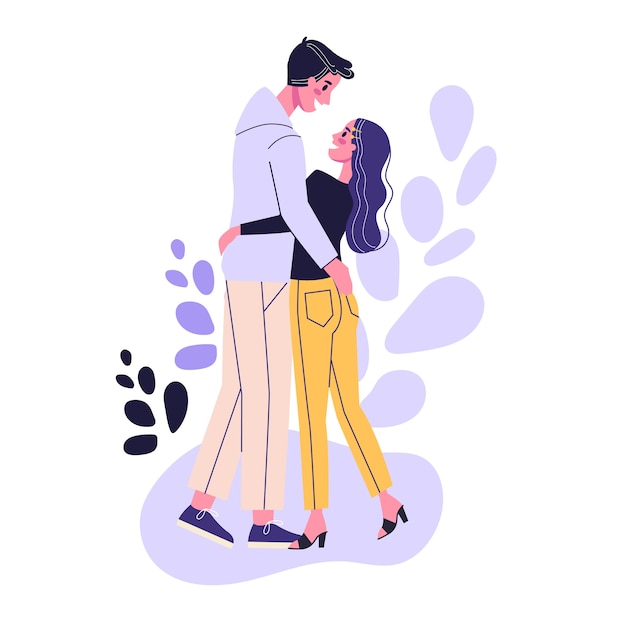 Feliz pareja romántica de pie. hombre y mujer en la fecha, relación romántica. ilustración en estilo de dibujos animados