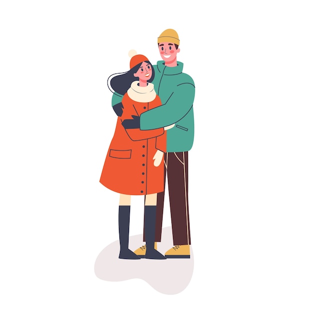 Vector feliz pareja romántica en ropa de abrigo de pie. hombre y mujer en la fecha, relación romántica. ilustración en estilo de dibujos animados
