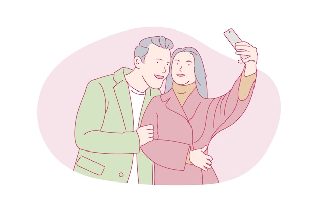 Feliz, pareja romántica, tomando selfie, ilustración del concepto