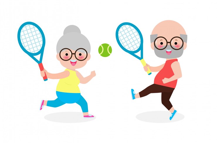 Vector feliz pareja senior lindo jugando tenis al aire libre aislado sobre fondo blanco ancianos con equipamiento deportivo ilustración