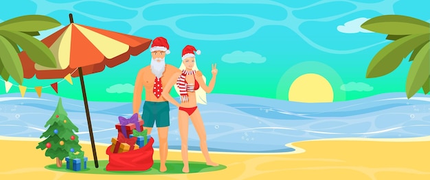 Feliz pareja en traje de baño y gorros de santa en la playa ilustración vectorial gira de navidad tropical tropical ...