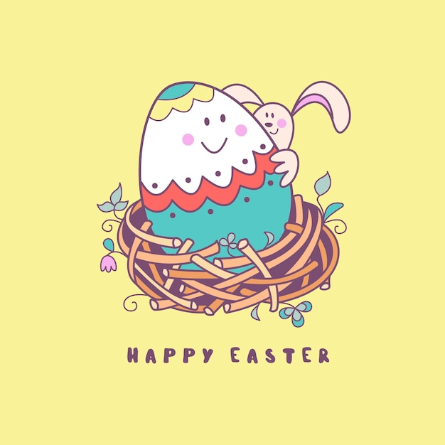 Feliz Pascua Alegre huevo pintado de Pascua en un nido con un conejo de Pascua Linda ilustración de vacaciones de vector en estilo de dibujos animados Tarjeta de felicitación