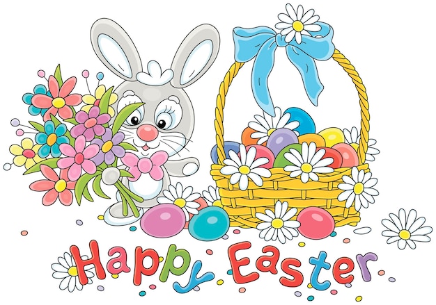 Feliz Pascua con una canasta de conejos de huevos y flores de colores