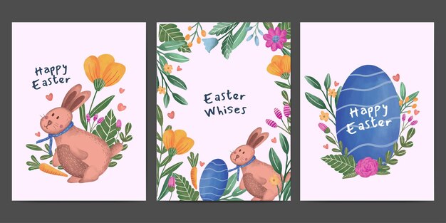 feliz pascua, colección de tarjetas de felicitación, huevo de pascua, conejito, y, floral, acuarela, ilustración