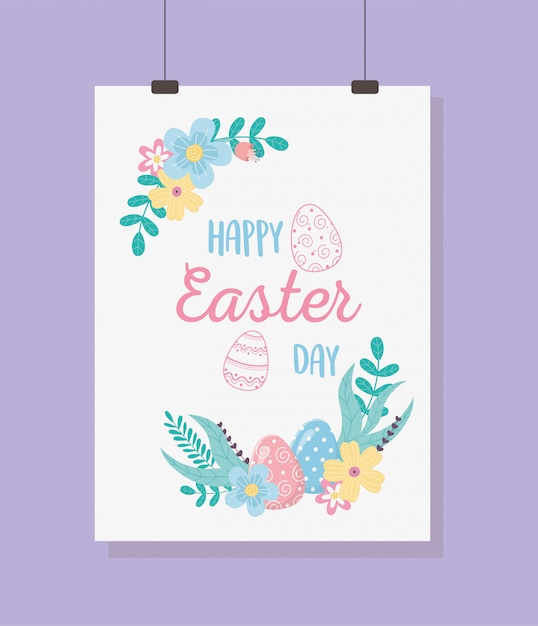Feliz Pascua colgando tarjeta de felicitación huevos flores follaje letras