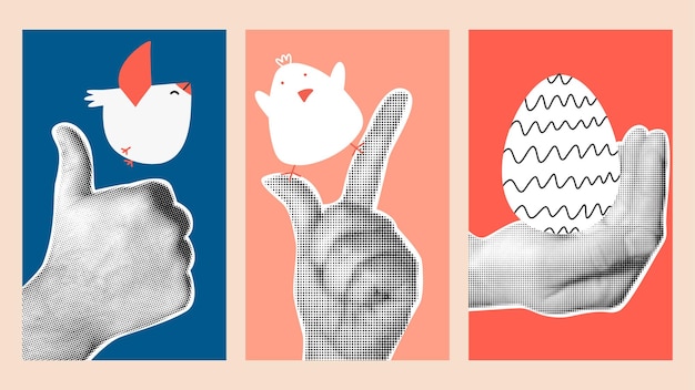Feliz pascua collage vintage con mano de medio tono huevos y inscripción festiva escrita a mano