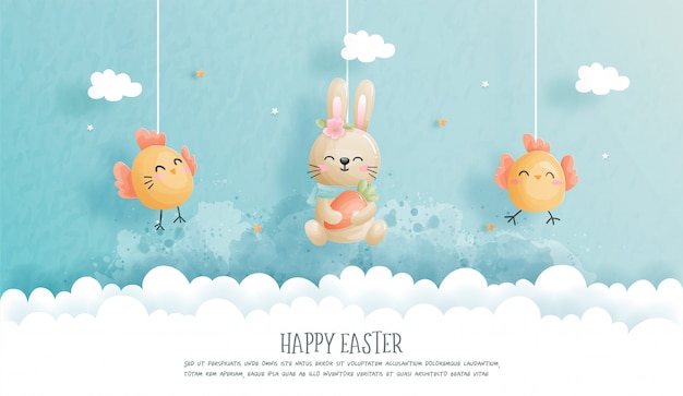 Feliz Pascua con conejito lindo y huevos de Ester en papel cortado estilo ilustración.