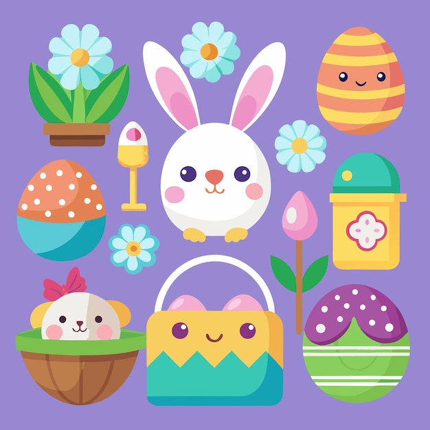 Feliz Pascua con conejitos cestas y huevos