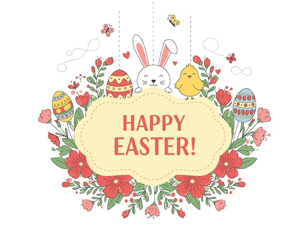 Feliz Pascua con conejo lindo huevos coloridos y flores de primavera Ilustración festiva de vacaciones