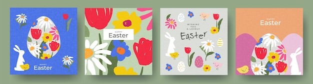Feliz Pascua Conjunto de bonitas tarjetas de felicitación carteles portadas de vacaciones o pancartas diseño de moda con tipografía pintado a mano flores plantas puntos huevos conejo de Pascua y pollo plantillas de estilo de arte moderno