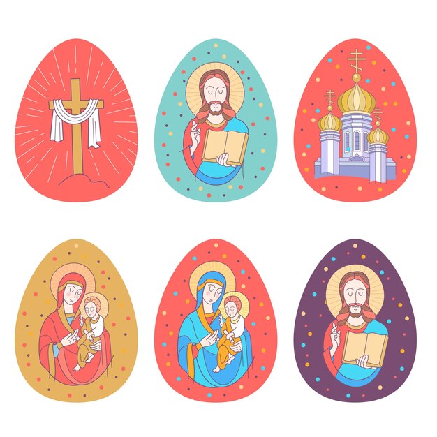 Vector feliz pascua conjunto de huevos de pascua de colores con la imagen de jesús virgen maría y cristo niño