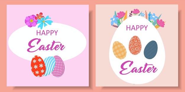 Feliz Pascua conjunto de pancartas tarjetas de felicitación carteles cubiertas de vacaciones Diseño de moda con tipografía plantas pintadas a mano puntos huevos y colores pastel Estilo de arte contemporáneo minimalista