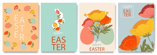 Feliz Pascua Conjunto de tarjetas de felicitación carteles de vacaciones cubre diseño vectorial de moda con tipografía