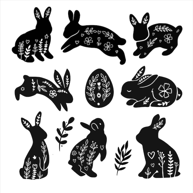 Feliz Pascua decorada tarjeta de Pascua banner Conejitos huevos de Pascua flores y cesta Diseño estampado de estilo popular