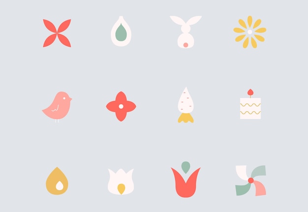 Vector feliz pascua elementos coloridos simples iconos vectoriales con abstractas flores de conejo pájaro tulipán