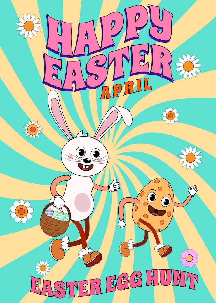 Vector feliz pascua groovy cartel de dibujos animados retro conejito divertido con huevo búsqueda de huevos de pascua