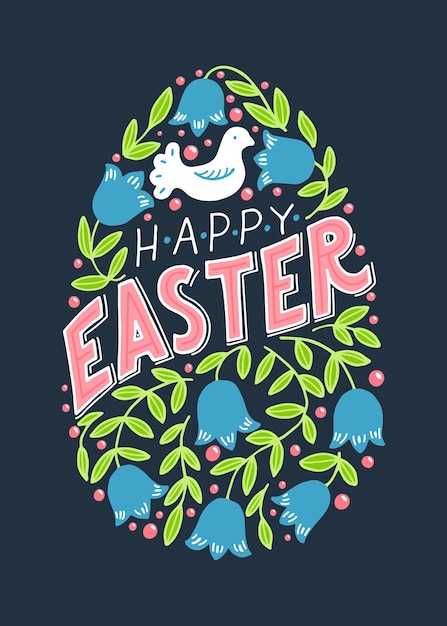 Feliz Pascua Huevo de Pascua decorativo dibujado a mano de flores de primavera y letras