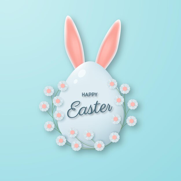 Feliz Pascua Huevo de Pascua con flores y orejas de conejo Vector 3d ilustración