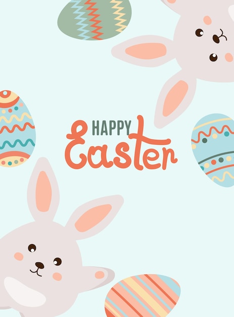 Feliz Pascua Huevos de Pascua y conejos en fondo azul Se puede agregar texto
