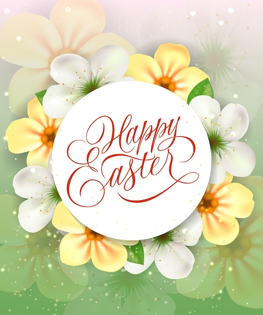 Feliz Pascua letras en círculo con flores sobre fondo degradado.