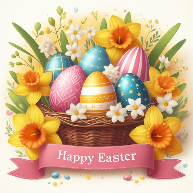 Feliz Pascua letras coloridas con flores huevo de Pascua colorido con flores