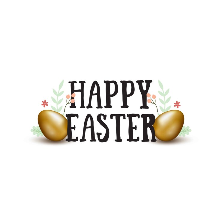 Feliz Pascua letras dibujadas a mano con huevos de oro y garabatos. Tarjeta de felicitación de pascua