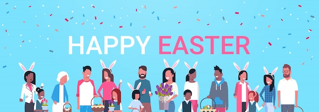 Feliz pascua letras con grupo de personas familia celebrando vacaciones de primavera usar orejas de conejo banner horizontal