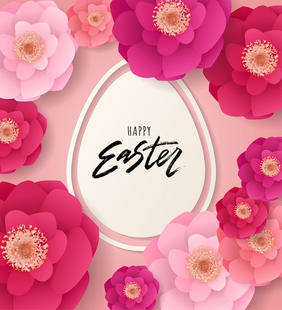 Feliz Pascua letras a mano con flores.