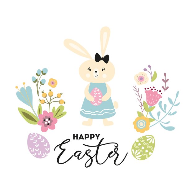 Feliz Pascua linda tarjeta dibujada a mano con conejo Conejito niña huevos primavera flores ramas en blanco Ilustración vectorial para diseño volantes postales con texto Primavera Pascua banner imprimir logo Estilo infantil