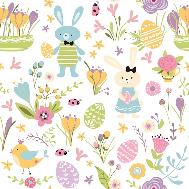 Feliz pascua linda tarjeta dibujada a mano con conejo conejito pájaro huevos flores de primavera ramas en blanco patrón sin costuras ilustración vectorial primavera pascua fondo repetido banner impresión estilo de niños