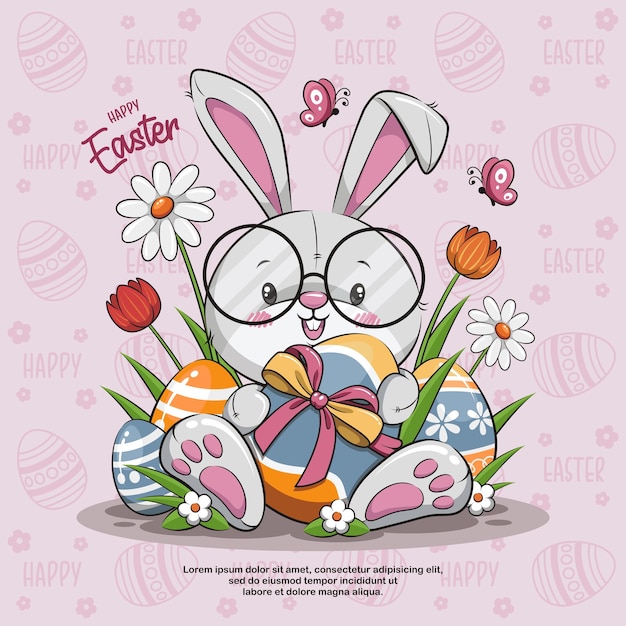 Feliz pascua con lindo conejo está sosteniendo un huevo, ilustración de dibujos animados lindo