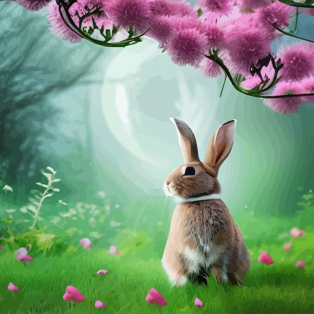 Feliz Pascua lindo hermoso conejo de Pascua en un prado soleado en flores decoradas tarjeta de pascua de felicitación